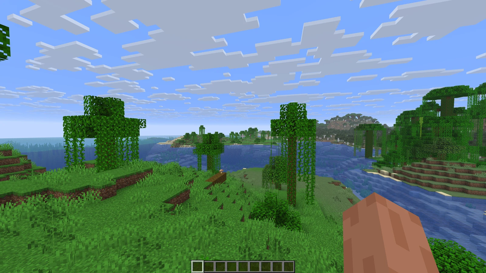 A Minecraft development-world screenshot showing a jungle, river, and distant landscape.