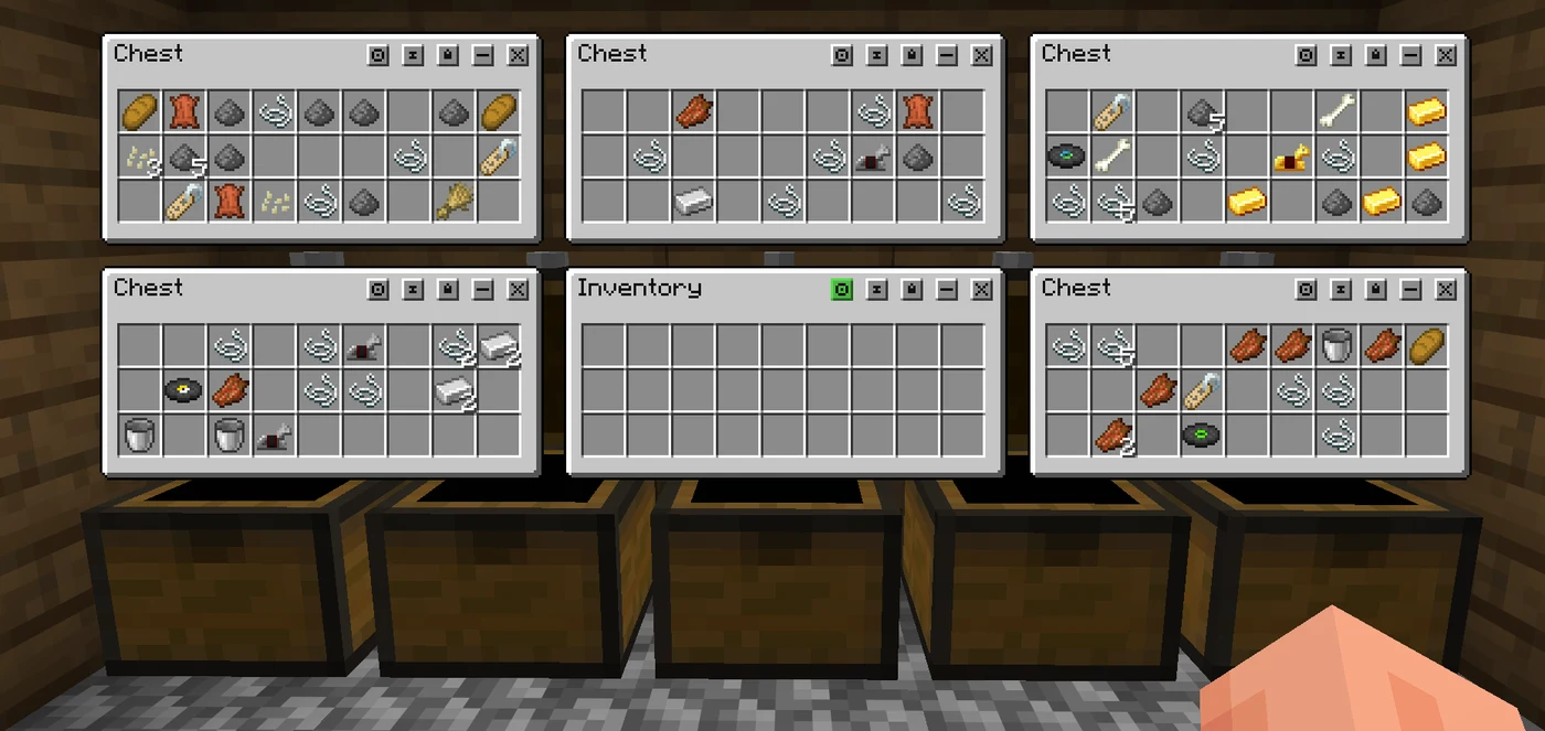 Minecraft with several chest inventories and the player inventory open in separate windows.